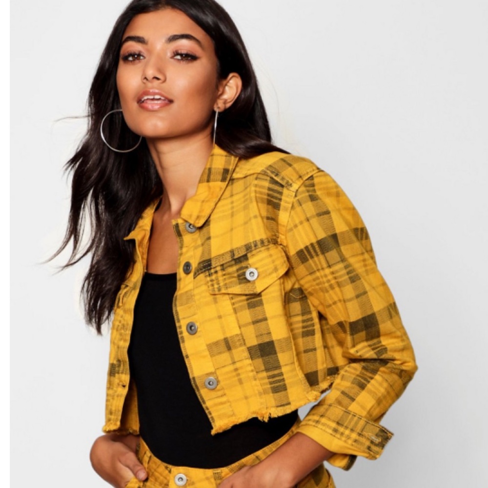 Yellow Checked Cropped Denim Jacket